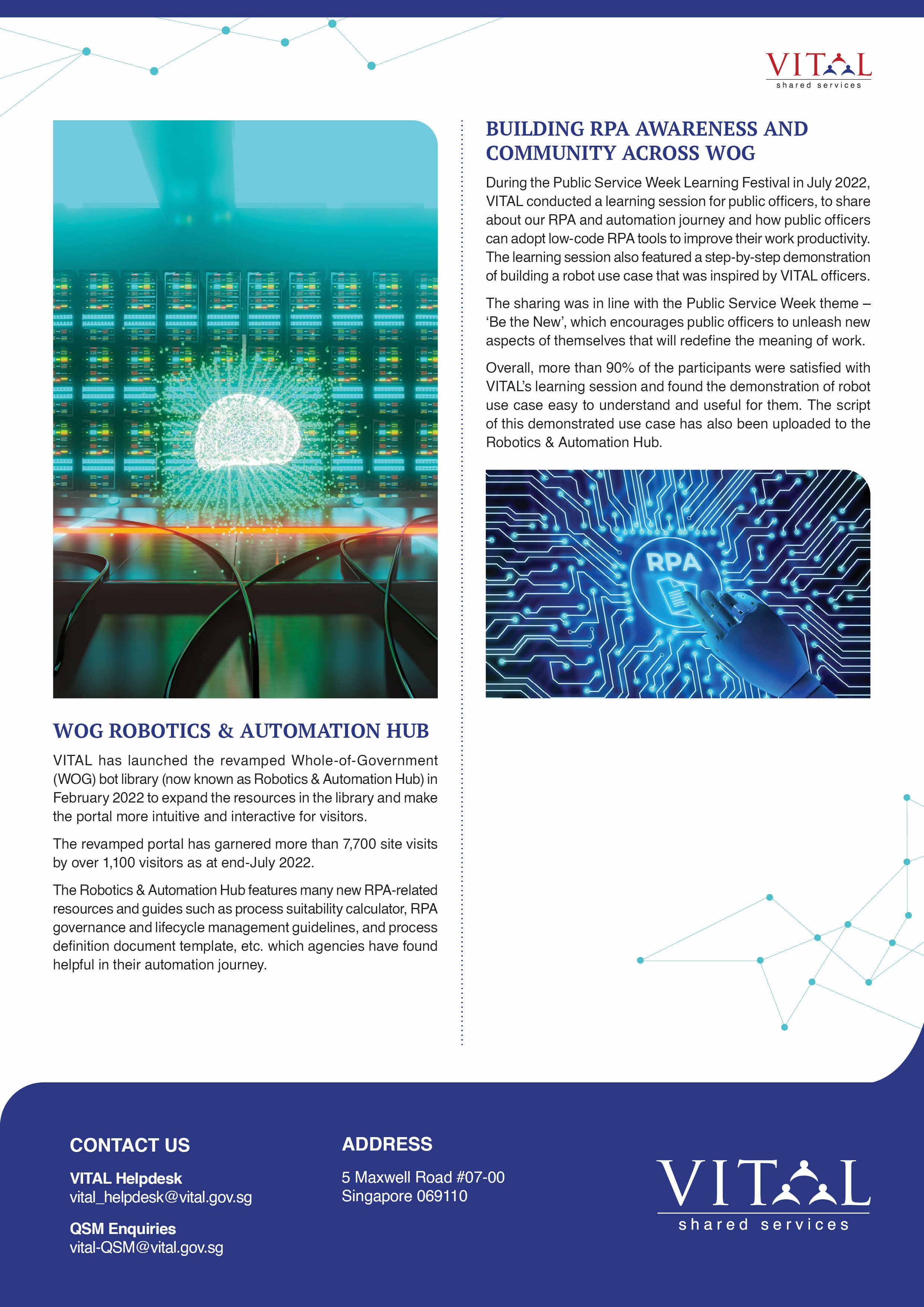 VITAL shared services flyer about RPA awareness, WOG Robotics and Automation Hub, with robotic and circuit board visuals.